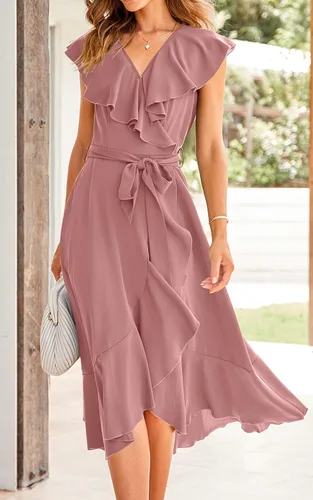 Vista 4 de PRETTYGARDEN Vestido largo cruzado de verano para mujer, estilo casual, bohemio, cuello en V profundo, manga corta, dobladillo con volantes, vestido