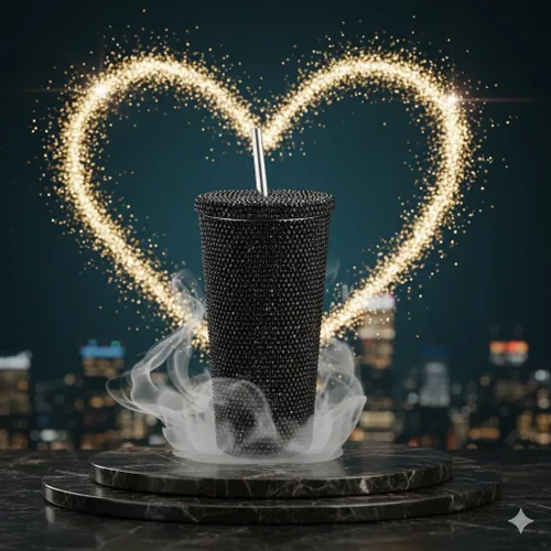 Vista 2 de Vaso térmico con diamantes de imitación con tapa, reutilizable, aislado, de acero inoxidable de alta calidad, botella de agua estética de primera
