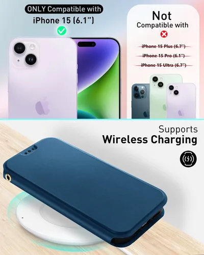 Vista 2 de OCASE Funda tipo cartera para iPhone 15, funda delgada de piel sintética, ranuras para tarjetas, bloqueo RFID, soporte de soporte, funda de teléfono