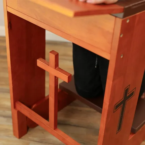 Vista 5 de Taburete de banco de oración, de madera maciza con banco y mesa plegable en el hogar, mesa de oración de iglesia, estante acolchado