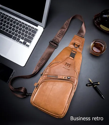 Vista 3 de BULLCAPTAIN Bolso bandolera de cuero genuino para hombre, estilo casual, multiusos, mochila de hombro, mochila de viaje para senderismo