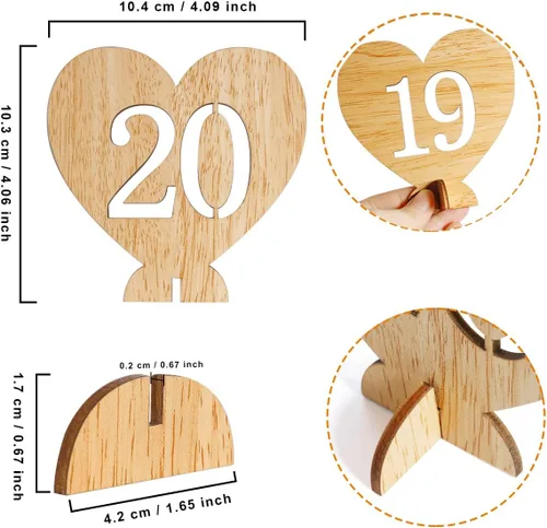 Vista 2 de Números de mesa de madera con forma de corazón del 1 al 20 con base de soporte, tarjetas de madera rústicas huecas para bodas, fiestas, decoración