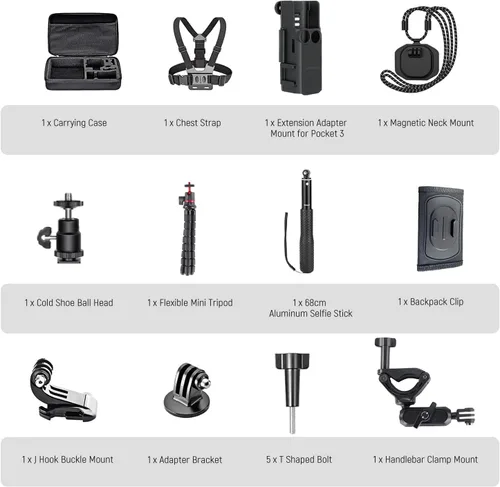 Vista 7 de NEEWER Basics Kit de Accesorios 16 en 1 Compatible con DJI OSMO Pocket 3, Mini Trípode, Varilla Selfie, Correa de Pecho, Montura Magnética
