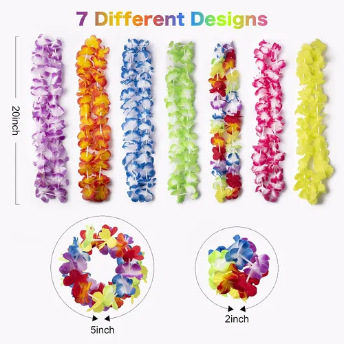 Vista 2 de HongyiTime 56 unidades de Leis hawaianos, suministros para fiestas Luau de collares, diademas y pulseras de flores elásticas, decoraciones hawaianas