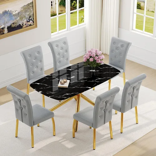 Vista 26 de Juego de mesa de comedor moderna para mesa de comedor negra de 4,63 pulgadas, juego de 4 con patas de metal dorado, mesa de cocina rectangular