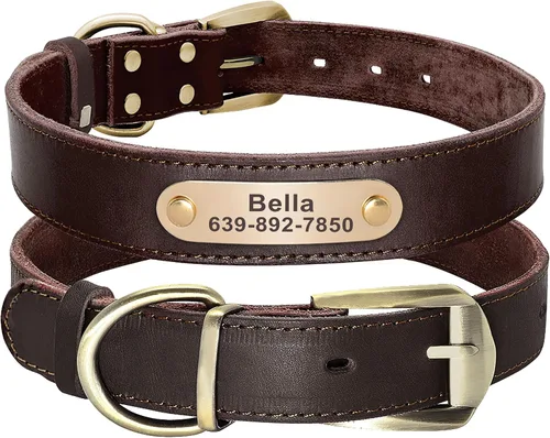 Vista 14 de Didog Collares de perro de cuero genuino con placa de identificación grabada, collar de perro de cuero suave personalizado con etiqueta de Verde