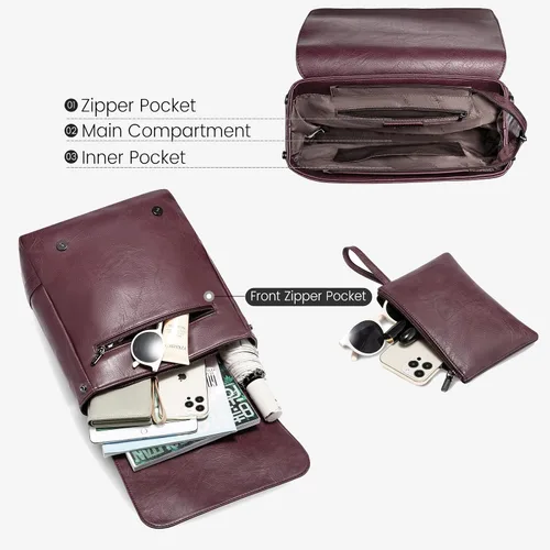 Vista 4 de LOVEVOOK Mochila de moda para mujer, mochila de cuero vegano antirrobo, mochilas con bolso pequeño, juego de 2 piezas, Púrpura-Rojo