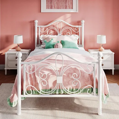 Vista 12 de SHA CERLIN Estructura de cama de tamaño individual para niños, estructura de cama de metal con cabecero y pie de cama con diseño de patrón de Negro