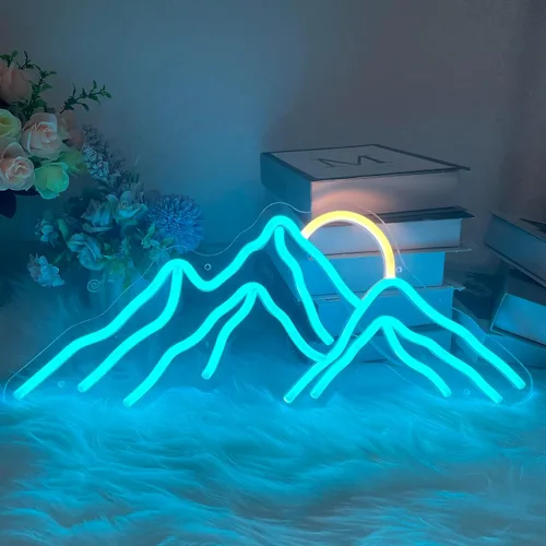 Vista 2 de Letrero de neón con diseño de montañas y puesta de sol, luces LED personalizadas, decoración de pared para el hogar, dormitorio, sala