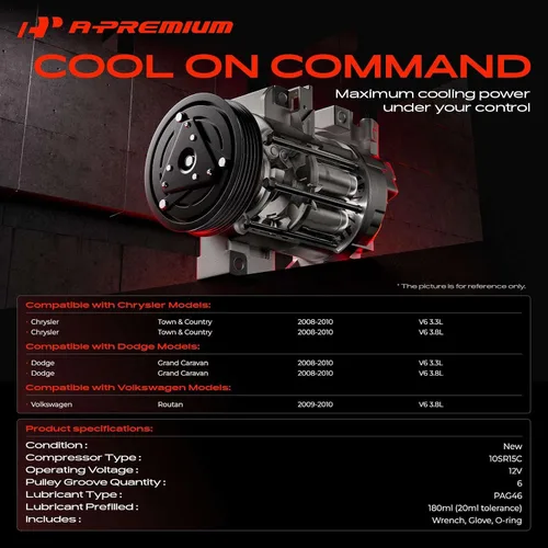 Vista 2 de A-Premium Compresor de Aire Acondicionado AC con Embrague Compatible con Chrysler Town & Country 2008-2010, Dodge Grand Caravan 2008-2010