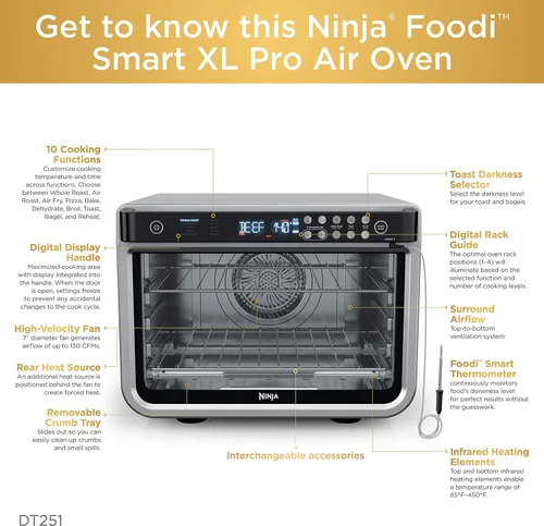 Vista 9 de Ninja DT251 Foodi 10 en 1 Smart XL - Horno de freír de aire, hornear, asar, tostar, asar, tostadora digital, termómetro, convección envolvente