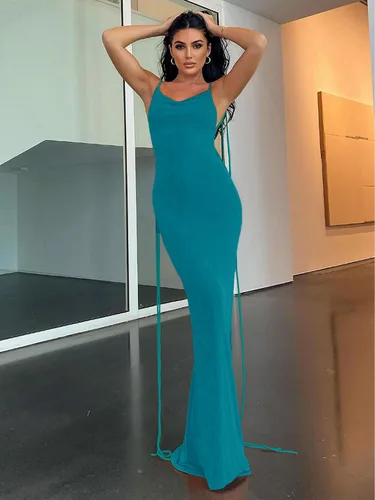 Vista 3 de Volemo Vestidos ajustados para mujer, tirantes delgados, con cordones, espalda descubierta, cuello redondo, vestido maxi de sirena para fiesta