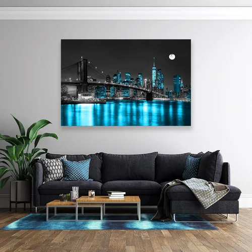 Vista 4 de Aibonnly Arte de Pared Pintura en Lienzo Negro, Blanco y Azul Puente de Brooklyn de Nueva York 1 Pieza Paisaje Urbano Nocturno Edificio Imagen