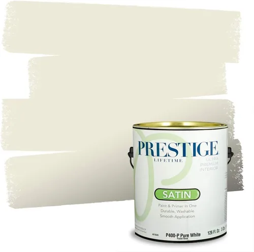 Vista 4 de PRESTIGE Pinturas de pintura exterior e imprimación en uno, 1 galón, plano, combinación comparable de Benjamin Moore* Manzanilla*