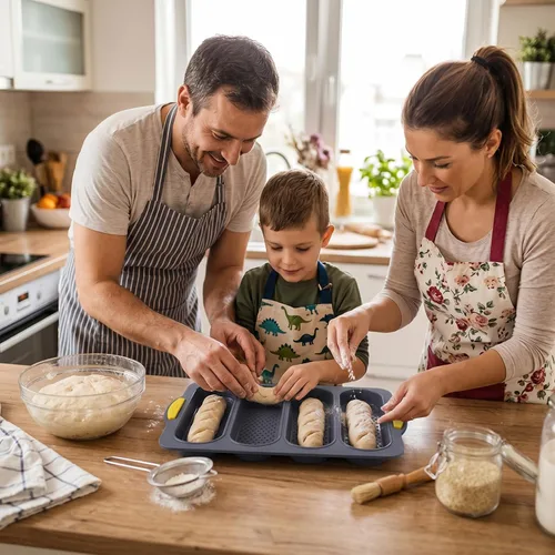 Vista 6 de Molde de pan de silicona de 4 cavidades, sartén antiadherente para pan de masa madre y sartén para pan baguette resistente al calor, moldes para pan