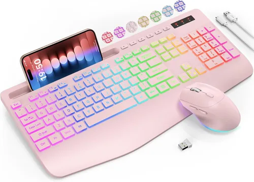 Vista 10 de Combo de teclado y mouse inalámbricos SABLUTE - 9 efectos retroiluminados, 2.4 GHz Ergo Wrist Rest, Phone Holder, Full Size, Rechargeable, Sleep