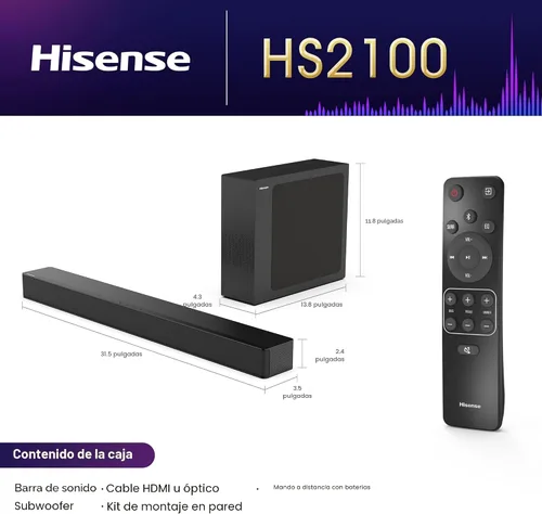 Vista 2 de Hisense HS2100 - Barra de sonido de 2.1 canales con subwoofer inalámbrico, Dolby Audio, DTS Virtual:X, HDMI ARC, Bluetooth 5.3, control remoto, 6