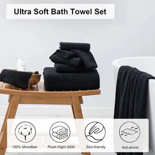 Vista 2 de Juego de 8 toallas de baño grandes negras para la familia, 2 toallas de baño de gran tamaño, 2 toallas de mano, 4 toallas pequeñas, 600GSM, suaves