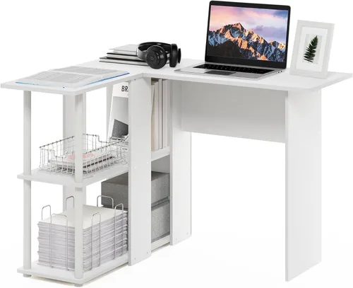 Vista 19 de Furinno Escritorio clásico, escritorio para juegos en forma de L de 40 pulgadas de ancho, escritorio para computadora, escritorio con estantes