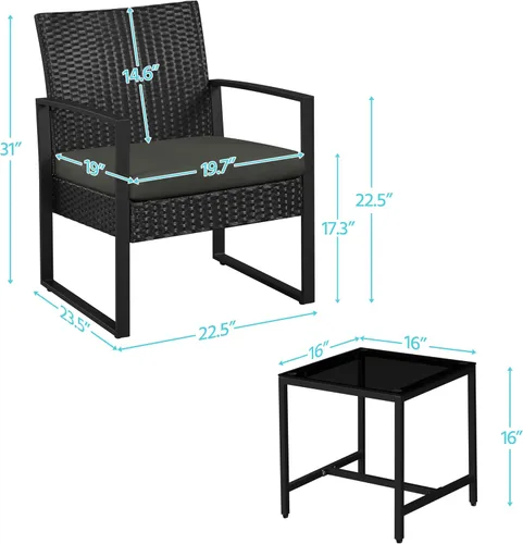 Vista 9 de YAHEETECH - muebles de patio conjuntos para interior o al aire libre. de mimbre moderno, juego de mesa auxiliar bistró, 3 piezas Negro /Gris