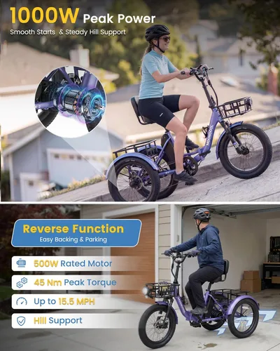 Vista 4 de MOONCOOL Electric Tricycle for Adults, 500W/750W Folding Electric Trike for Adults, 20"x3.0" Fat Tire 3 Wheel Electric Bike, Aluminum Frame