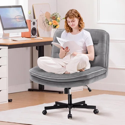 Vista 11 de GTPLAYER Silla de oficina con patas cruzadas con ruedas, silla de escritorio extra ancha sin brazos cómoda para el hogar y dormitorio, cojín de 2