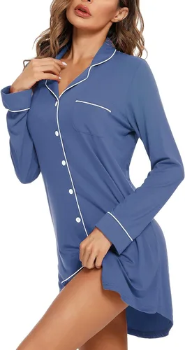 Vista 92 de Samring Camisón de pijama para mujer, manga corta/larga, con botones, camisón para dormir, camisón para novio, talla XXL