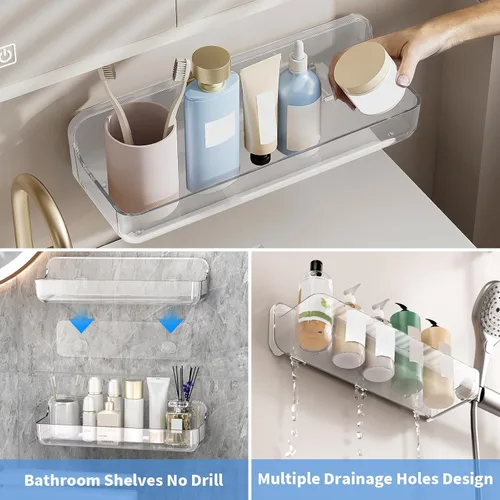 Vista 5 de Diesisa Organizador de pared acrílico de 2 piezas, estante adhesivo, organizadores de pared, sin perforaciones, estantes de baño, estante de pared