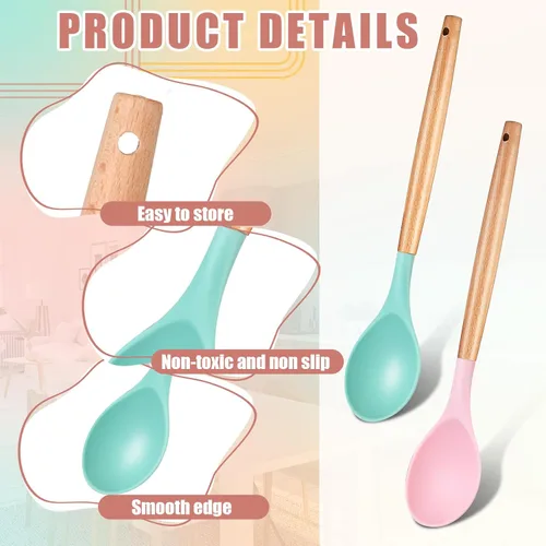 Vista 3 de Patelai 2 cucharas de silicona antiadherentes para mezclar de cocina, cucharas de servir con mango de madera, resistentes al calor, cucharas de Verde