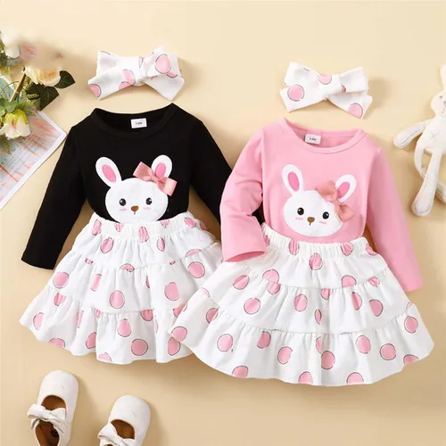 Vista 4 de Conjunto de 3 piezas de ropa para niñas con estampado de conejito + vestido de tutú + diadema para niñas