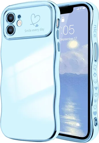 Vista 48 de LCHULLE - Funda para iPhone Air, linda para mujeres y niñas, con forma de onda, color azul bebé Luxury Plating Curly Wavy Frame with Love Heart