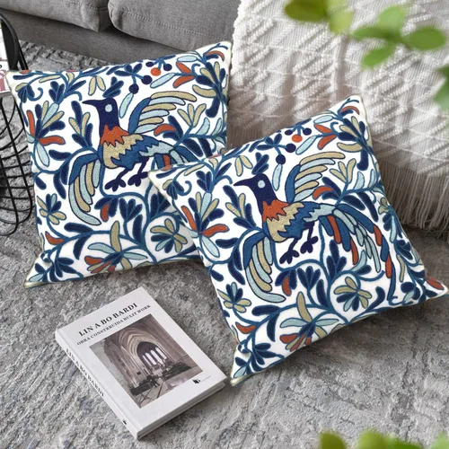 Vista 7 de Alysheer Juego de 2 fundas de almohada bordadas decorativas de verano de 18 x 18 pulgadas, funda de cojín de algodón con patrón de bordado de pájaro