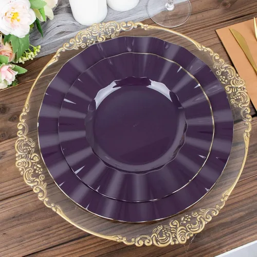 Vista 133 de Tableclothsfactory Paquete de 10 platos redondos de plástico negro de 6 pulgadas para ensalada de postre, platos desechables con borde ondulado