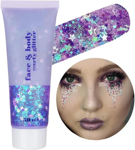 Vista 15 de Go Ho Brillantina azul para rostro y cuerpo, pintura facial azul de Halloween, gel brillante de sirena, lentejuelas gruesas holográficas para ojos