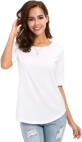 Vista 3 de LUSMAY Camisas tipo túnica de algodón con cuello redondo y ajuste holgado para mujer