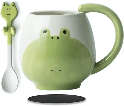 Vista 8 de Arawat Linda taza de café de rana con cuchara, diseño de ranas impresas, regalo de 14.2 fl oz, taza de café de cerámica kawaii, tazas divertidas