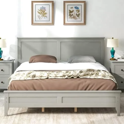 Vista 8 de anwickjeff Base de cama de tamaño matrimonial con cabecero y estribo, cama de plataforma de madera maciza blanca de estilo conciso moderno