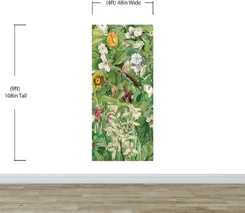Vista 2 de Botanical Vegetation Garden Wall Mural. Color Pencil Artwork of Flower Garden Peel and Stick Wallpaper. Rainforest Jungle Botanical Flowers and
