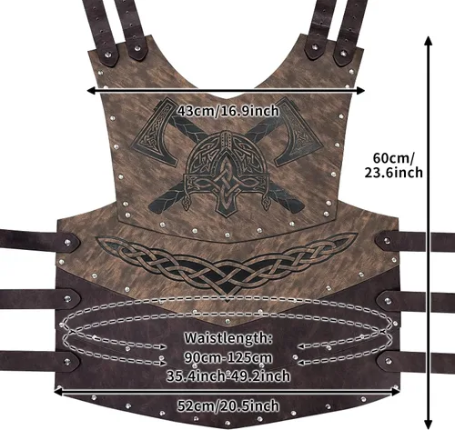 Vista 6 de HiiFeuer Viking - Casco de piel sintética en relieve armadura de pecho con hacha armadura de cuero de caballero medieval retro para LARPCosplay