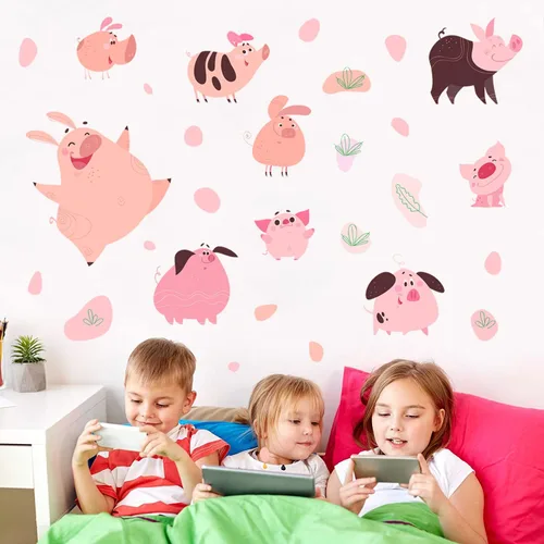 Vista 5 de Juego de calcomanías de pared de cerdo de dibujos animados divertidos, juego de calcomanías de pared de cerdo divertido con puntos de animales