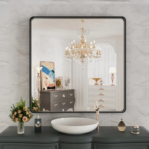 Vista 9 de Espejo de Baño Negro de 22 x 30 Pulgadas, Espejo de Pared Rectangular para Baño, Espejo con Esquinas Redondeadas y Marco de Metal Negro Mate