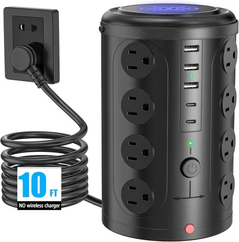 Vista 13 de Regleta de alimentación con protector de sobretensiones de torre (16 salidas de CA + 5 puertos USB incluyendo 2 tipos C), cable de extensión de 5