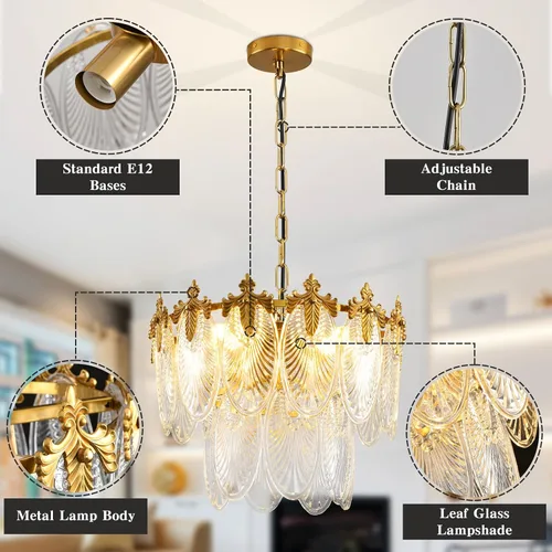 Vista 4 de Antique Chandeliers 2-Layer Gold Crystal Glass Chandelier, 4-Light Round Pendant Light 17.7" Brushed Brass Adjustable Height, Applicable to Dining