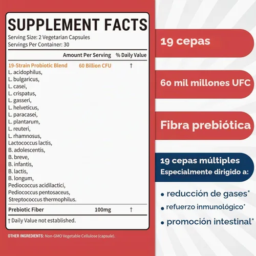 Vista 2 de Probióticos 60 mil millones de UFC, 19 cepas para hombres y mujeres, con 100 mg de prebiótico, estable en el almacenamiento, probiótico de cuidado