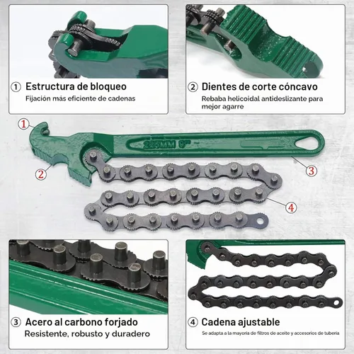 Vista 4 de Llave de cadena de trinquete resistente de 9 pulgadas, herramienta reversible de filtro de aceite, herramientas de accesorios de tubería, ajuste