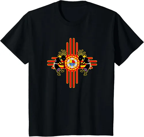 Vista 69 de Native American Kokopelli Kachina Zia Symbol 2 - Camiseta divertida para fanáticos, Negro