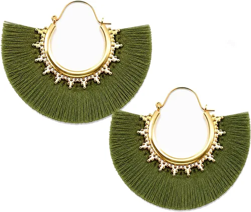 Vista 20 de Aretes de aro con borla, aretes colgantes de hilo de declaración, elegantes aretes largos con flecos, ligeros, largos y con gancho francés, para un