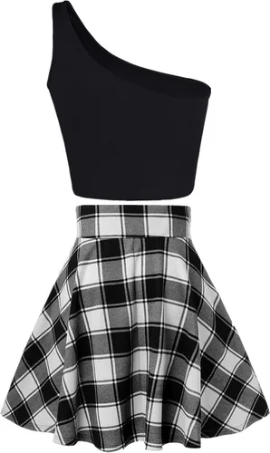 Vista 2 de SFBBCLOZ 2 Piece School Girl Outfit Costume For Women Rave Outfit One-Shoulder Vest Top Plaid Skirts For Women