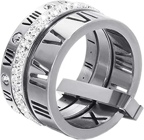 Vista 3 de Anillo Pamtier 3 en 1, de acero inoxidable y zirconia, con números romanos, para mujer