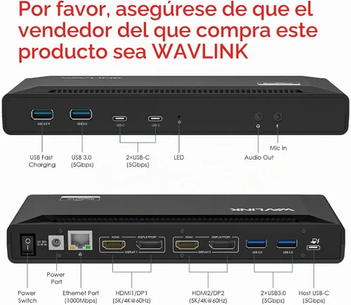 Vista 2 de WAVLINK Estación de acoplamiento universal USB C para laptop, monitores duales 5K/4K a 60Hz con carga de host de 65 W para Thunderbolt 4/3, USB-C